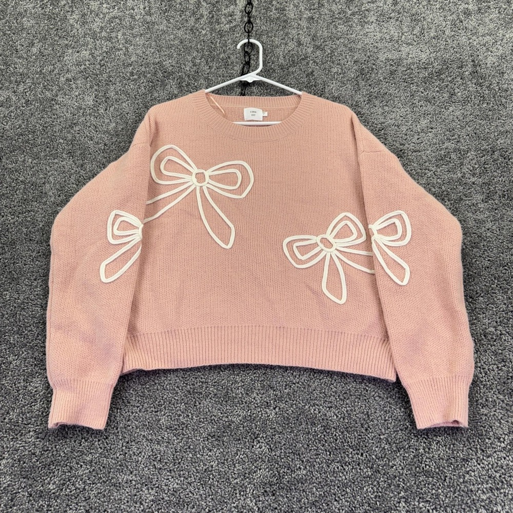 Luna Ivy Sweater Womens Large Pink Bow Graphic Crew Neck Knit Pullover Cute